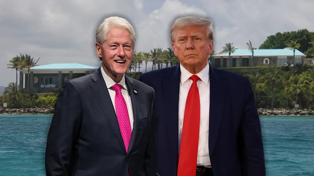 Bill Clinton i Donald Trump. W tle wyspa Little Saint James Bill Clinton i Donald Trump. W tle wyspa Little Saint James