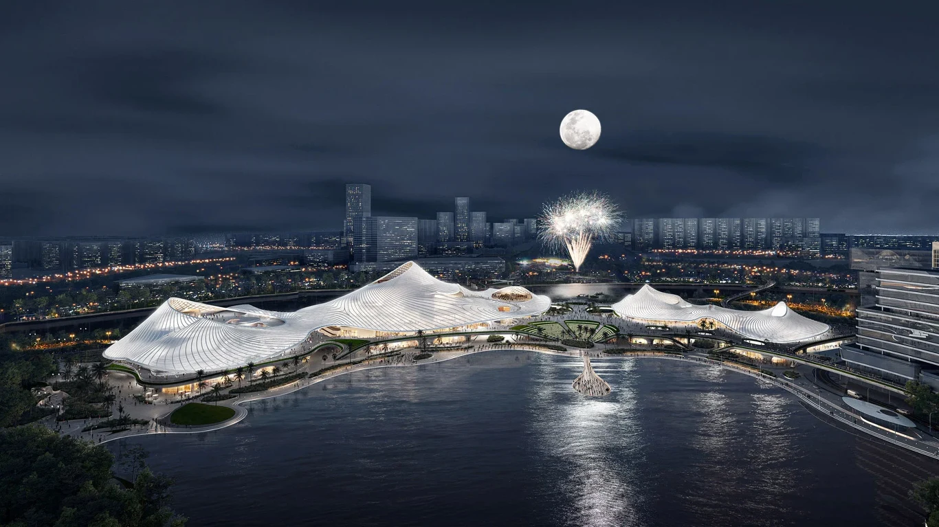 Centrum Sztuki Nanhai nocą. Wizualizacja Centrum Sztuki Nanhai nocą. Wizualizacja