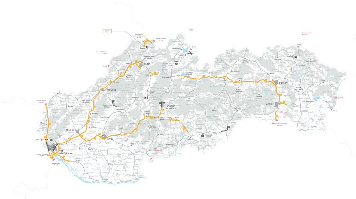 Mapa płatnych odcinków dróg na Słowacji, na których obowiązują winiety.