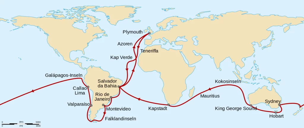 Trasa drugiej wyprawy HMS Beagle z Karolem Darwinem na pokładzie 