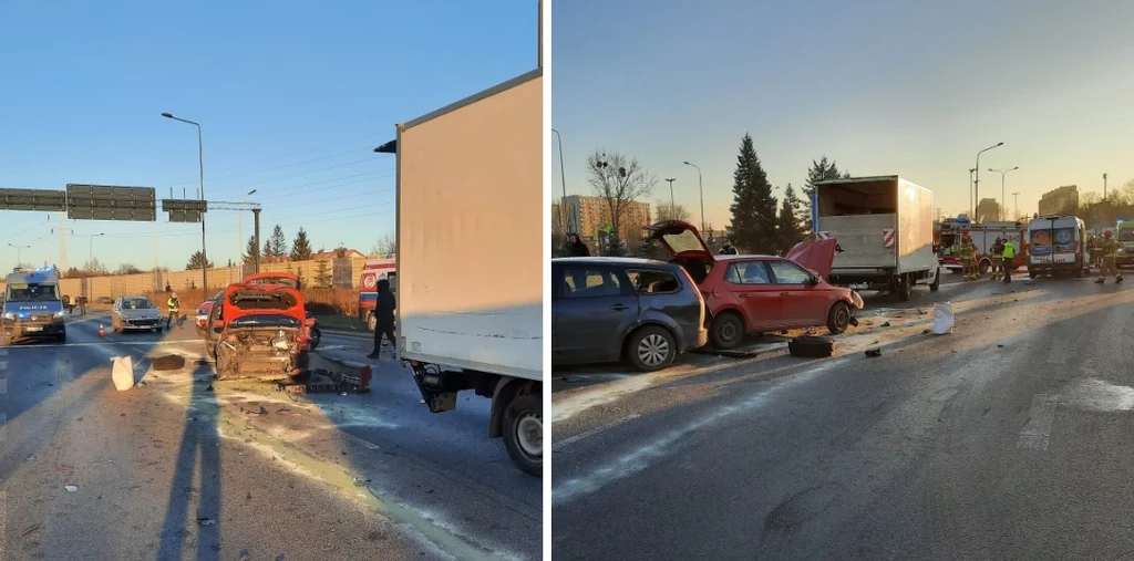 Wypadek trzech samochodów i karetki pogotowia w Łodzi przy. al. Włókniarzy