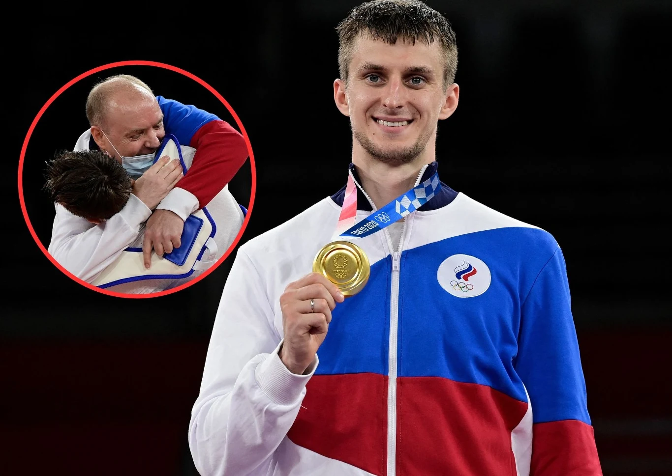 Vladislav Larin zdobył złoto na poprzednich igrzyskach w Tokio, raduje się ze swoim trenerem Vladislav Larin zdobył złoto na poprzednich igrzyskach w Tokio, raduje się ze swoim trenerem