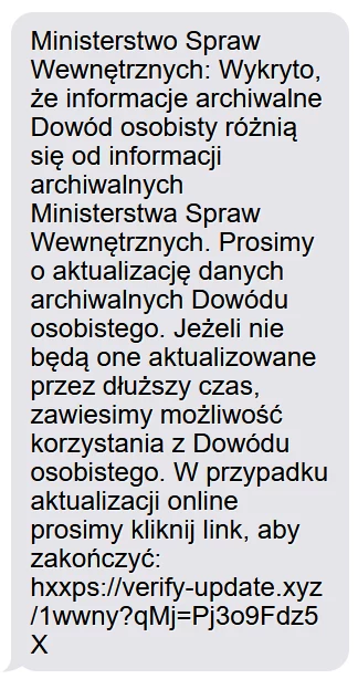 Fałszywy SMS z prośbą o aktualizację archiwalnych danych dowodu.