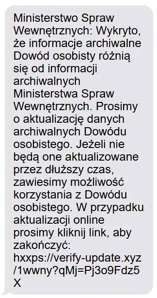 Fałszywy SMS z prośbą o aktualizację archiwalnych danych dowodu. Fałszywy SMS z prośbą o aktualizację archiwalnych danych dowodu.