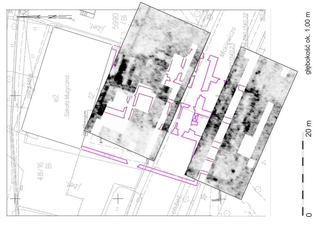 Mapa georadarowa na głębokości 1 m autorstwa Tomasza Herbicha ukazuje detale dawnej "Curii"