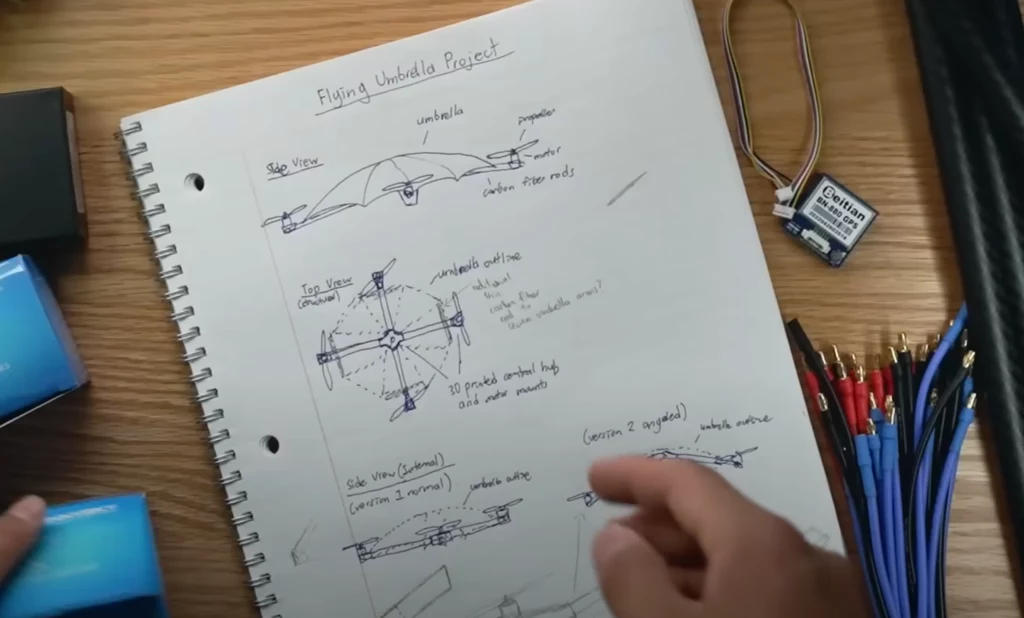 Autor dronasola zaczął od rozrysowania swojego pomysłu, a następnie wprowadził dane do programu CAD i wydrukował części na drukarce 3D