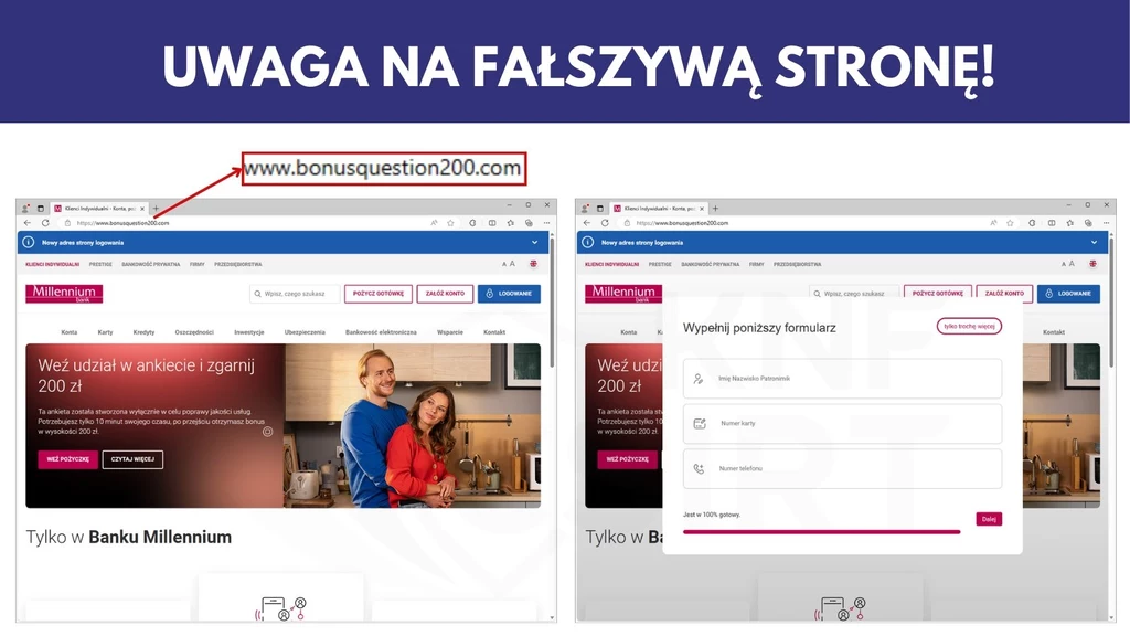 Fałszywe witryny zwykle da się rozpoznać po nazwie. Adres zawiera modyfikacje oryginalnego adresu www lub też zupełnie niezwiązane z nim słowa.