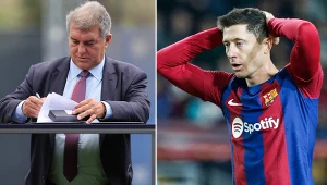 Na zdjęciu prezes FC Barcelona Joan Laporta oraz napastnik katalońskiego klubu i reprezentacji Polski - Robert Lewandowski