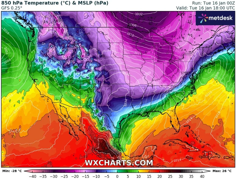 Mroźne powietrze utrzymuje się w większości Stanów Zjednoczonych. Temperatura odczuwalna może spadać do poziomu poniżej -30 stopni Celsjusza