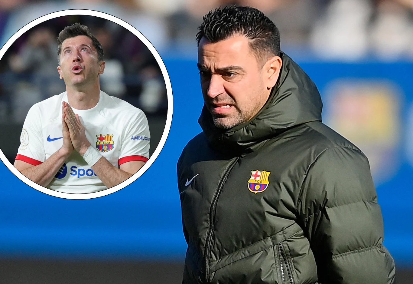 Trener Xavi Hernandez oraz jego podopieczny z ekipy FC Barcelona - Robert Lewandowski Trener Xavi Hernandez oraz jego podopieczny z ekipy FC Barcelona - Robert Lewandowski