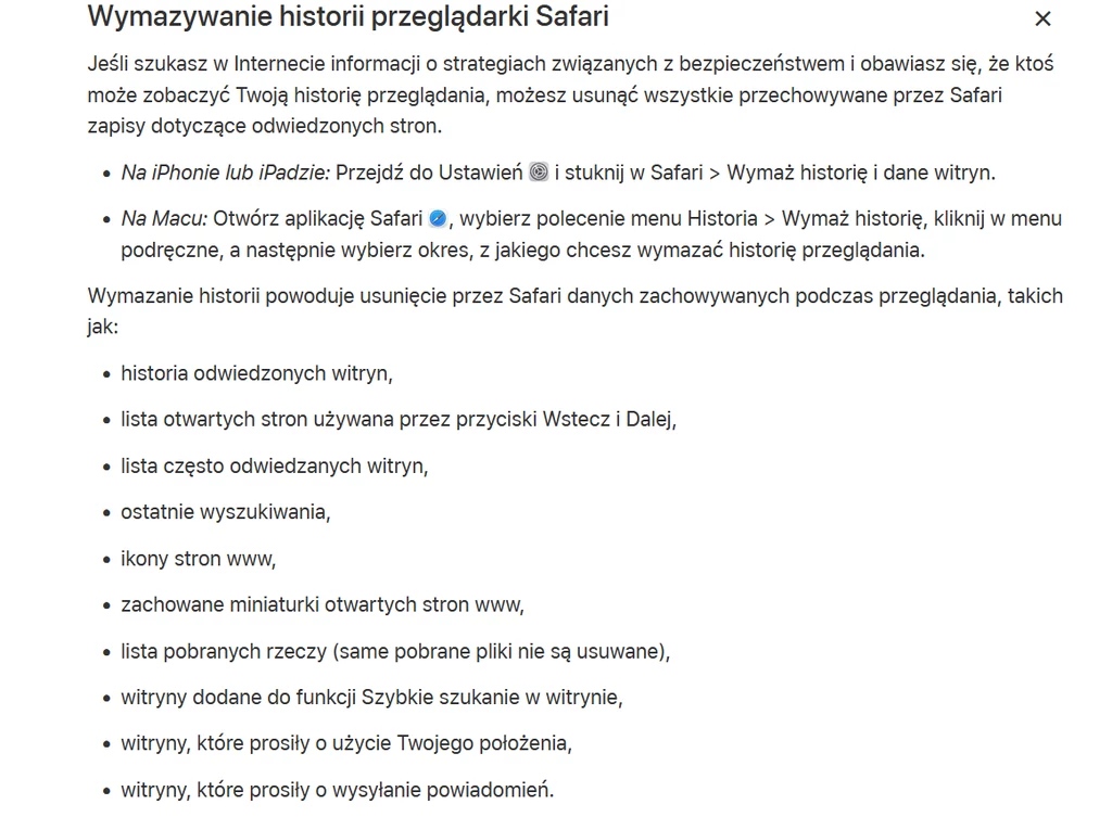 Przeglądarka Safari również pozwala szybko i sprawnie zarządzać historią