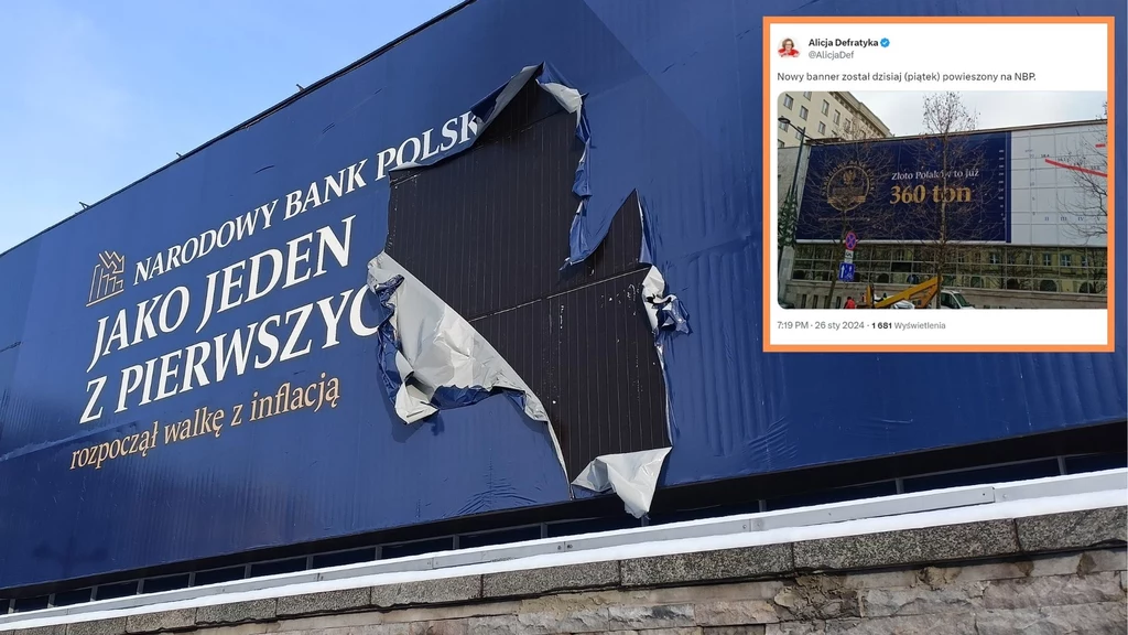 Uszkodzony baner na siedzibie NBP został zastąpiony nowym 