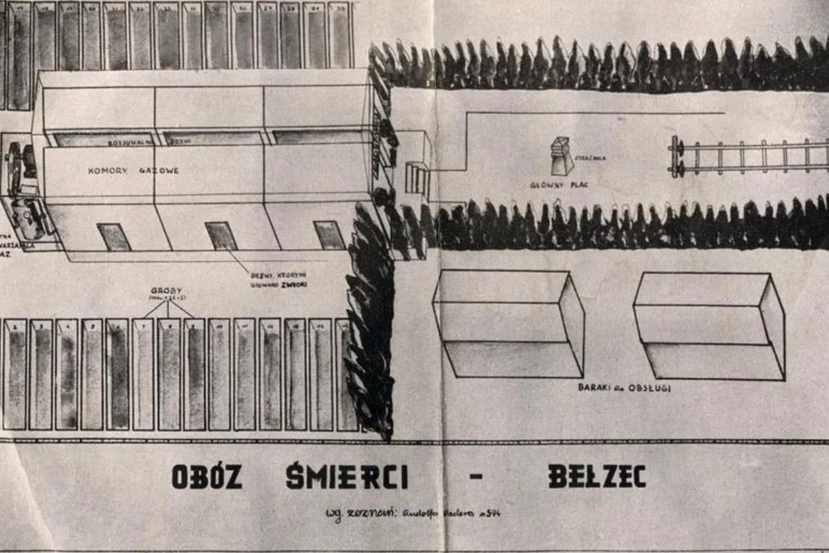 Rekonstrukcja obozu w Bełżcu na podstawie wspomnień Rudolfa Redera, 1946 r.