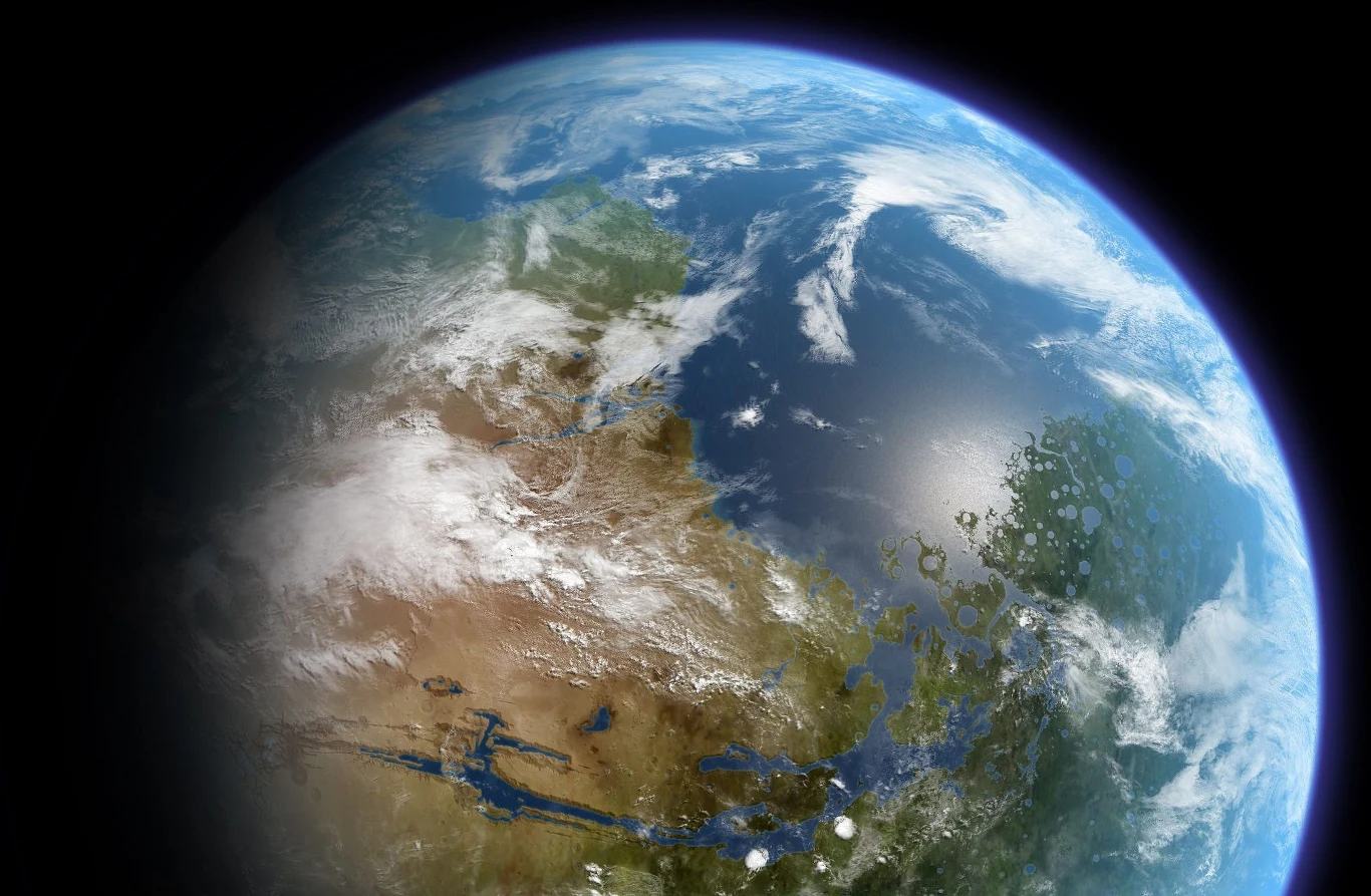 Wizja artystyczna Marsa, który kilka mld lat temu bardziej przypominał Ziemię Wizja artystyczna Marsa, który kilka mld lat temu bardziej przypominał Ziemię