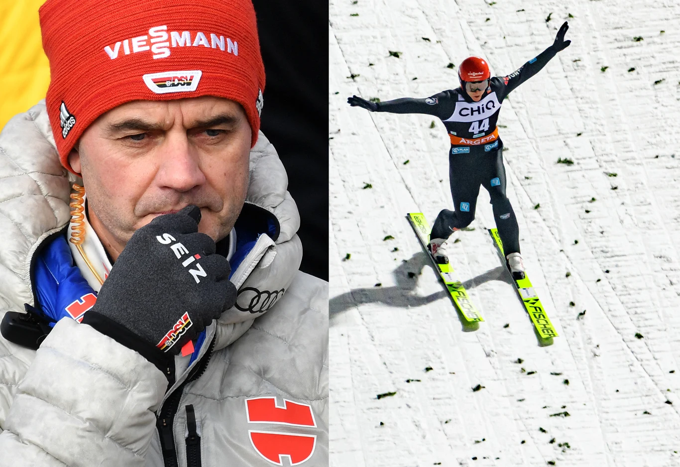 Skoki narciarskie. Na zdjęciu trener niemieckiej kadry i były trener polskich skoczków Stefan Horngacher oraz reprezentant Niemiec Karl Geiger