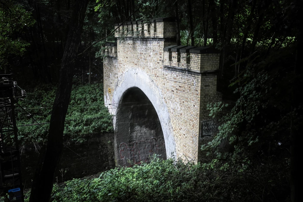 Wejścia do tunelu kolejowego w Rydułtowach są ozdobione wieżami. 