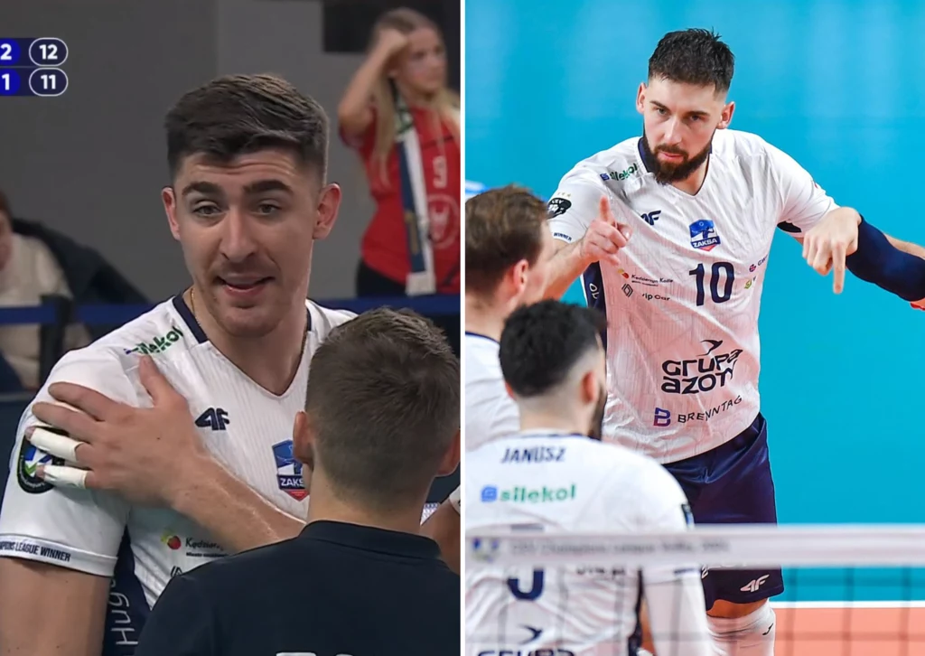 Mecz ZAKS-y z Halkbankiem obfitował w niespodziewane emocje, w tym czerwoną kartkę dla Łukasza Kaczmarka (z lewej)