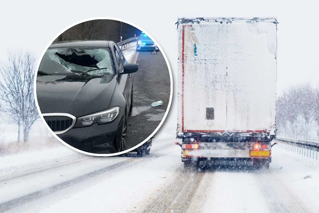 Lód spadający z naczepy zranił kierowcę BMW 