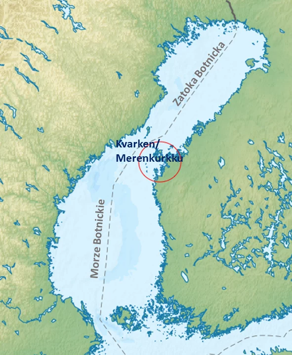 Podział Zatoki Botnickiej. Czerwonym okręgiem zaznaczone fińskie wyspy  