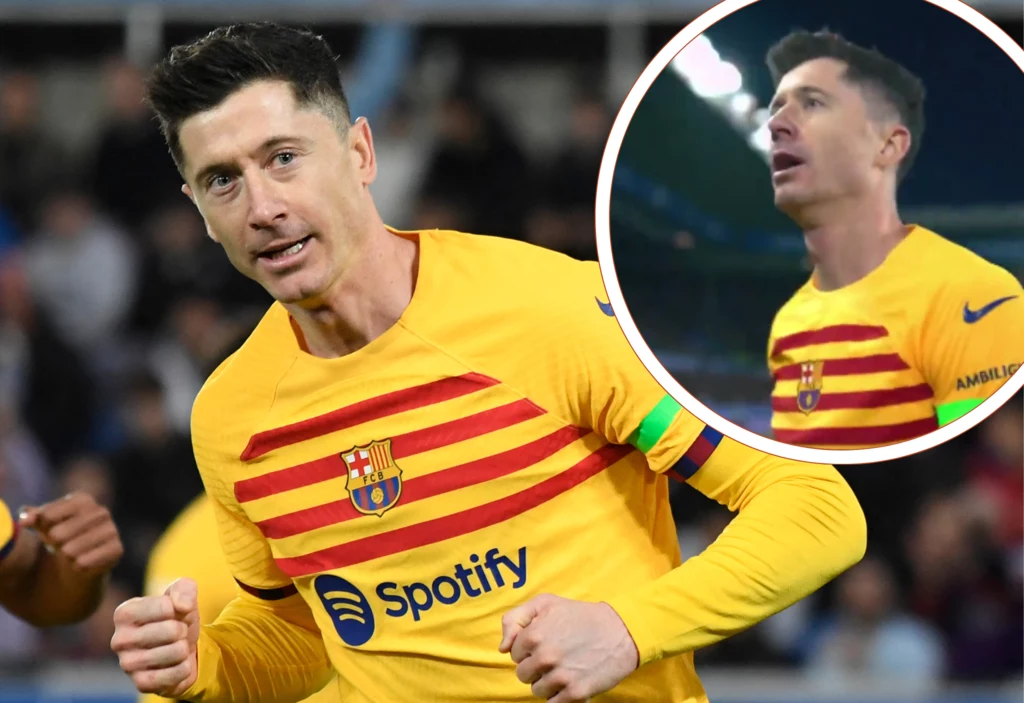 Robert Lewandowski celebrujący gola dla FC Barcelona w meczu z Deportivo Alaves Robert Lewandowski celebrujący gola dla FC Barcelona w meczu z Deportivo Alaves