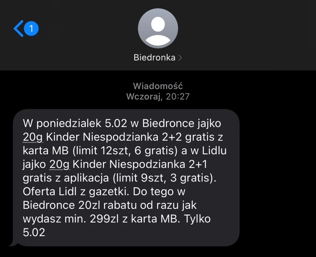 Inny SMS wysłany przez sklep Biedronka