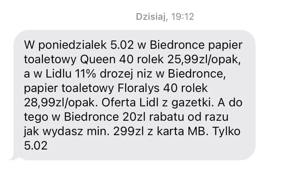 SMS od Biedronki / zrzut ekranu SMS od Biedronki / zrzut ekranu