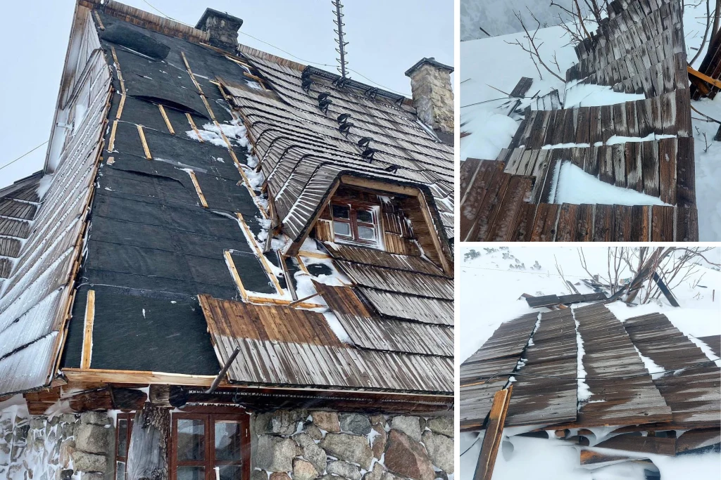 Silny wiatr zerwał część dachu ze schroniska turystycznego w Dolinie Pięciu Stawów w Tatrach Silny wiatr zerwał część dachu ze schroniska turystycznego w Dolinie Pięciu Stawów w Tatrach