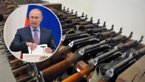 Karabiny maszynowe Kałasznikow. Magazyn broni Łódzkiego Centrum Filmowego. W tle Władimir Putin