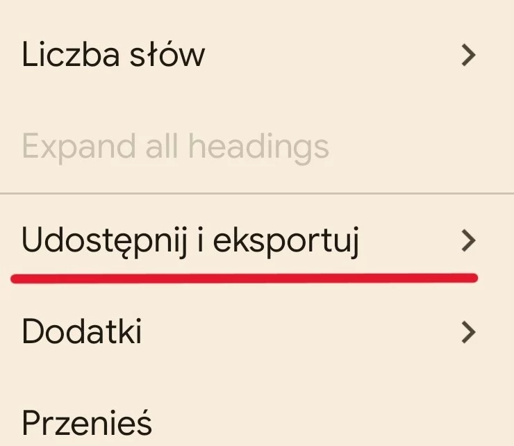 Opcja "drukuj" wyświetli się często po wyborze takiej (lub podobnej) zakładki. Tutaj interfejs aplikacji Dokumenty Google.