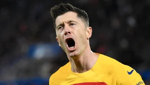 Robert Lewandowski - napastnik reprezentacji Polski - celebrujący kolejnego gola strzelonego dla FC Barcelona