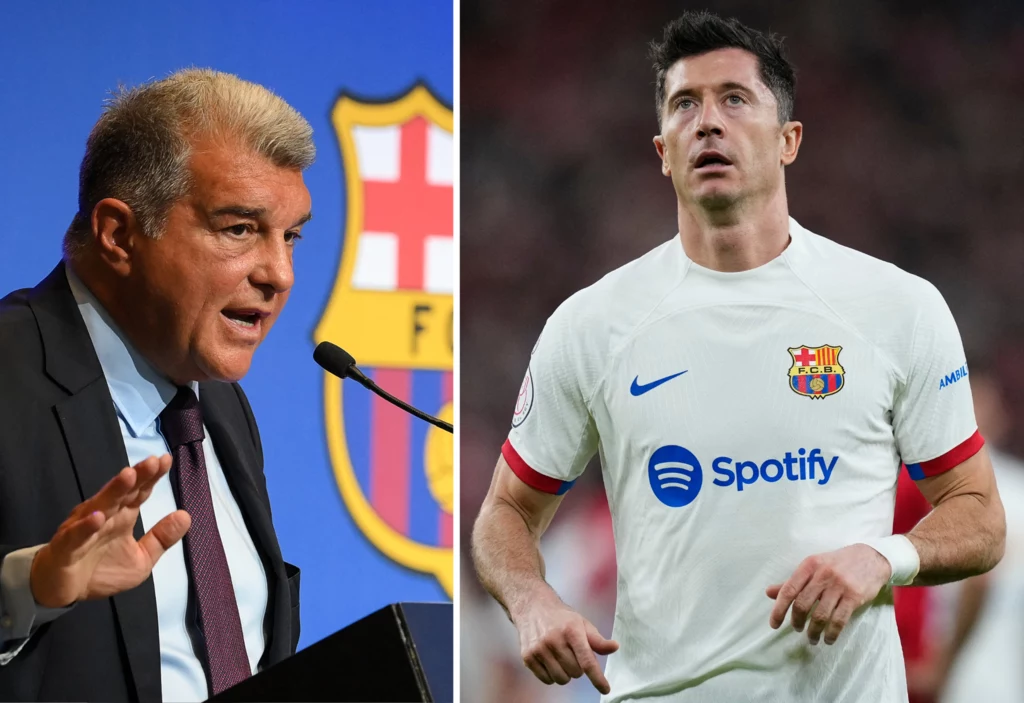 Prezes FC Barcelona Joan Laporta oraz napastnik katalońskiego klubu - Robert Lewandowski Prezes FC Barcelona Joan Laporta oraz napastnik katalońskiego klubu - Robert Lewandowski