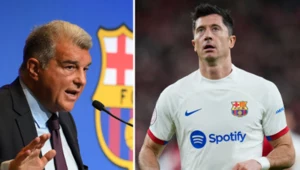Prezes FC Barcelona Joan Laporta oraz napastnik katalońskiego klubu - Robert Lewandowski