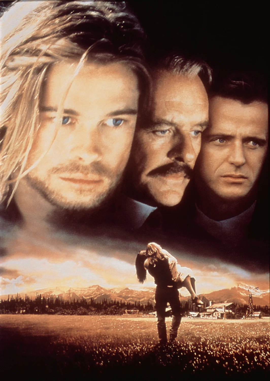 Brad Pitt, Anthony Hopkins i Aidan Quinn na plakacie filmu "Wichry namiętności" Brad Pitt, Anthony Hopkins i Aidan Quinn na plakacie filmu "Wichry namiętności"
