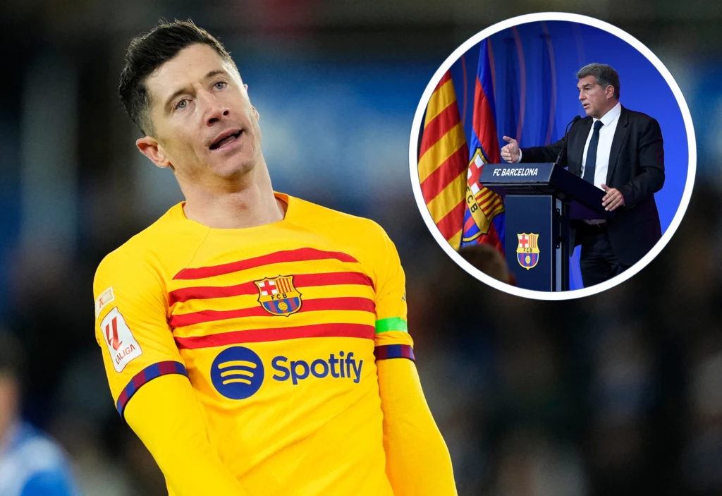 Na zdjęciu snajper FC Barcelona Robert Lewandowski oraz prezes mistrza Hiszpanii - Joan Laporta Na zdjęciu snajper FC Barcelona Robert Lewandowski oraz prezes mistrza Hiszpanii - Joan Laporta