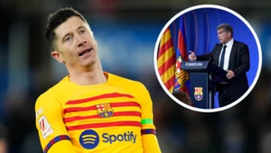 Na zdjęciu snajper FC Barcelona Robert Lewandowski oraz prezes mistrza Hiszpanii - Joan Laporta