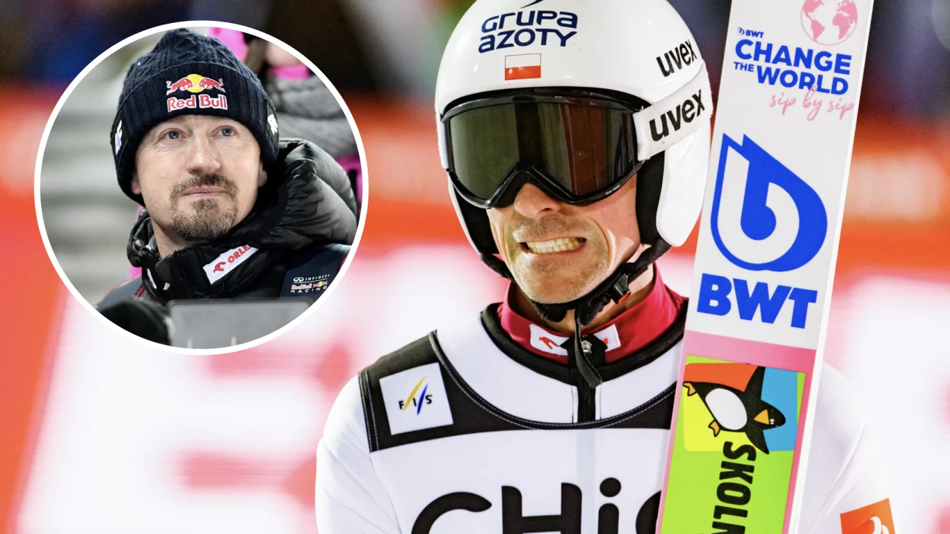 Skoki narciarskie. Prezes Polskiego Związku Narciarskiego Adam Małysz oraz nasz skoczek narciarski - Piotr Żyła