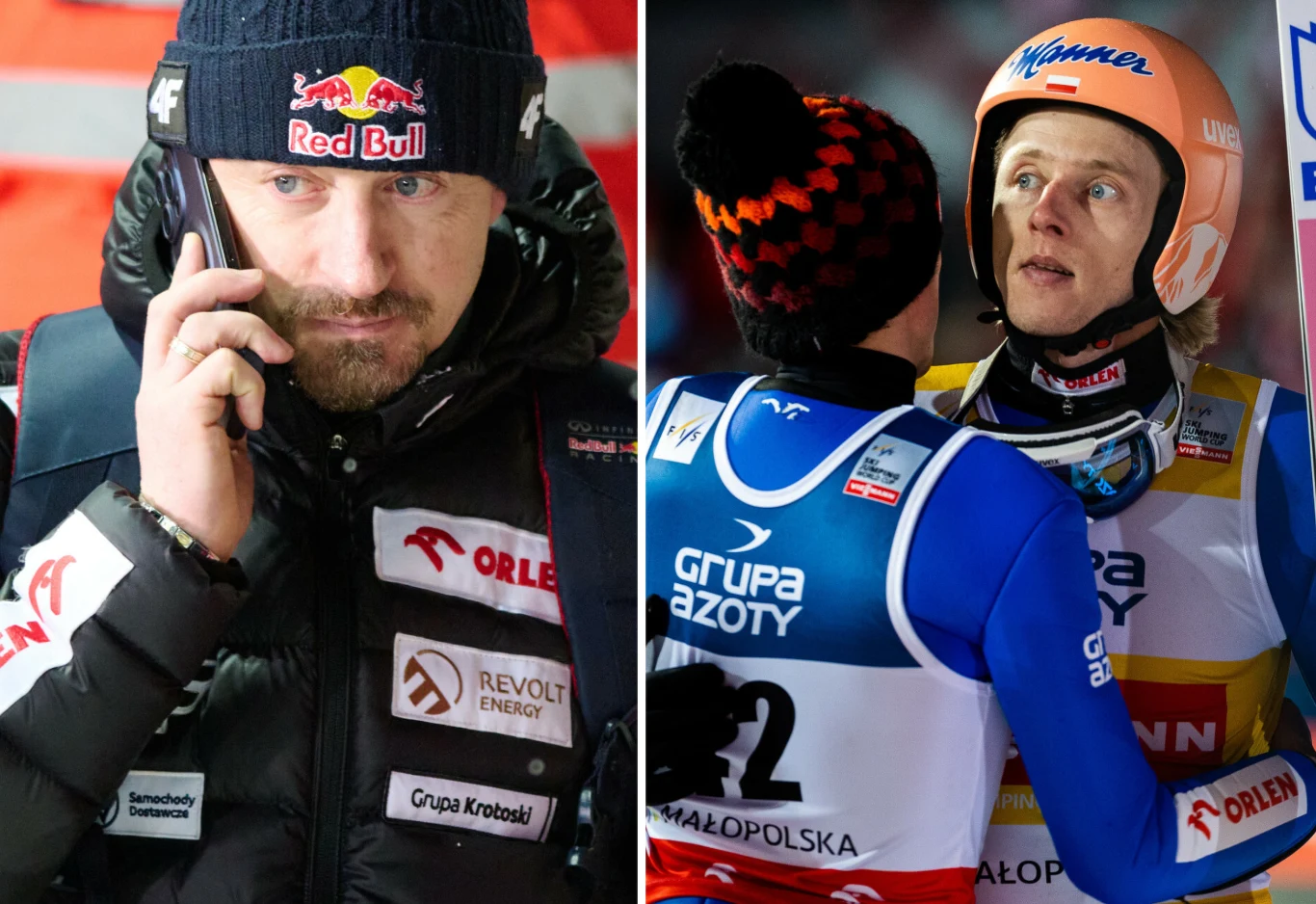 Skoki narciarskie. Na zdjęciu prezes Polskiego Związku Narciarskiego Adam Małysz oraz polscy skoczkowie - Kamil Stoch i Dawid Kubacki Skoki narciarskie. Na zdjęciu prezes Polskiego Związku Narciarskiego Adam Małysz oraz polscy skoczkowie - Kamil Stoch i Dawid Kubacki