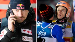 Skoki narciarskie. Na zdjęciu prezes Polskiego Związku Narciarskiego Adam Małysz oraz polscy skoczkowie - Kamil Stoch i Dawid Kubacki