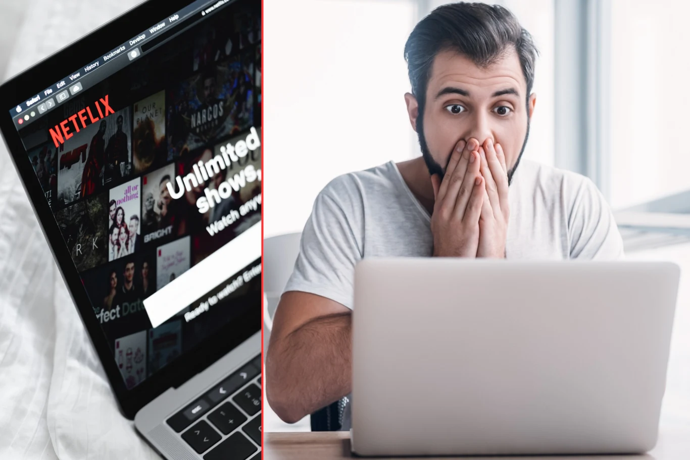 Nowa forma oszustów internetowych. Cyberprzestępcy podszywają się pod Netflixa Po lewej zdjęcie z głównej strony Netflixa, po prawej mężczyzna, który patrzy w ekran laptopa i zakrywa twarz dłońmi