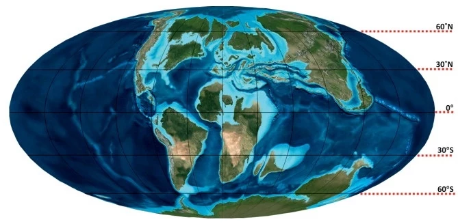 Mapa świata w późnej kredzie. Widać, że północna Afryka była wtedy wyspą