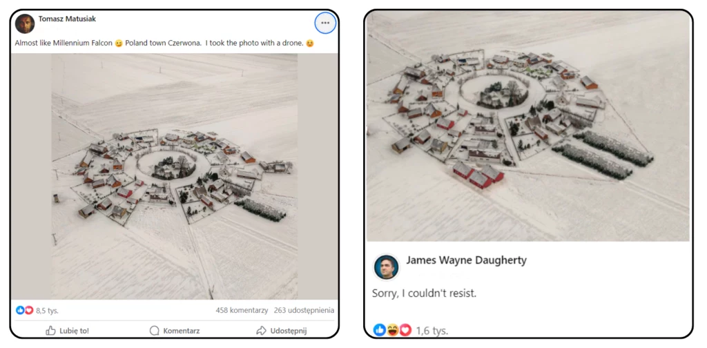 Na zdjęcia przysiółka Czerwona z drona zareagowały tysiące internautów. Ujęcia trafiły też na grupę "Star Wars Ships".
