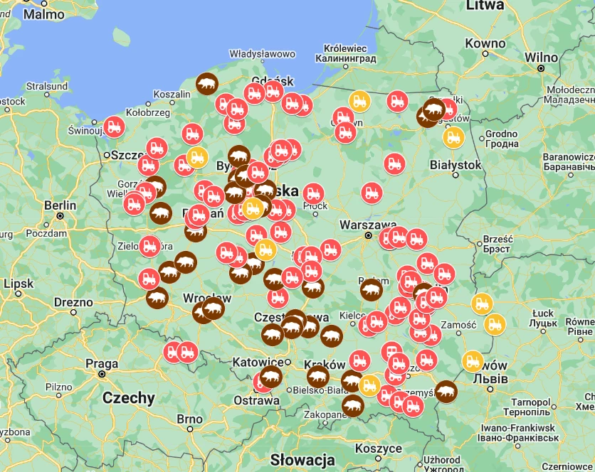 Instytut Gospodarki Rolnej udostępnił mapę z protestami rolników na wtorek 20 lutego 2024 r.