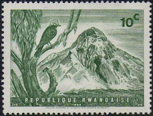 Czołoczub żółtógłowy na znaczku pocztowym Rwandy