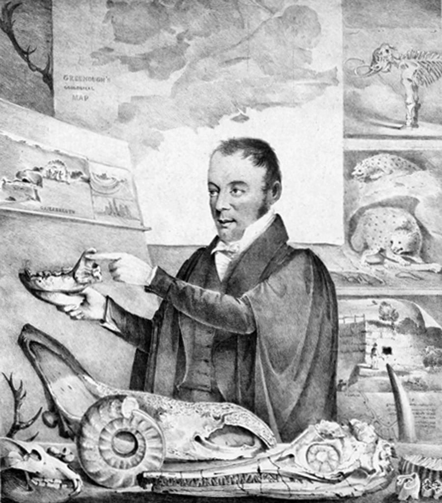 William Buckland pracujący ze skamieniałościami. Nie wiedział jeszcze, że to dinzoaury