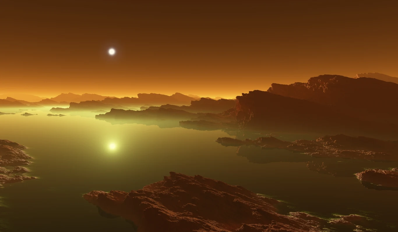 Artystyczna wizja powierzchni Tytana, na której występuje jeziora ciekłego metanu Artystyczna wizja powierzchni Tytana, na której występuje jeziora ciekłego metanu