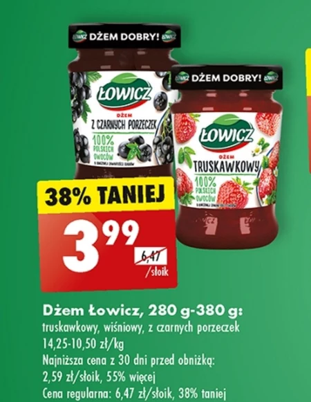 Łowicz Dżem wiśniowy o obniżonej zawartości cukrów 280 g