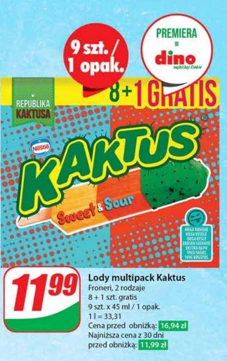 Kaktus Lody wodne o smaku cytrynowym i sorbet truskawkowy 405 ml (9 sztuk)