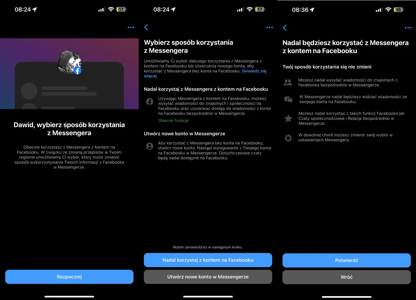Messenger prosi użytkowników o podjęcie wyboru. Messenger prosi użytkowników o podjęcie wyboru.