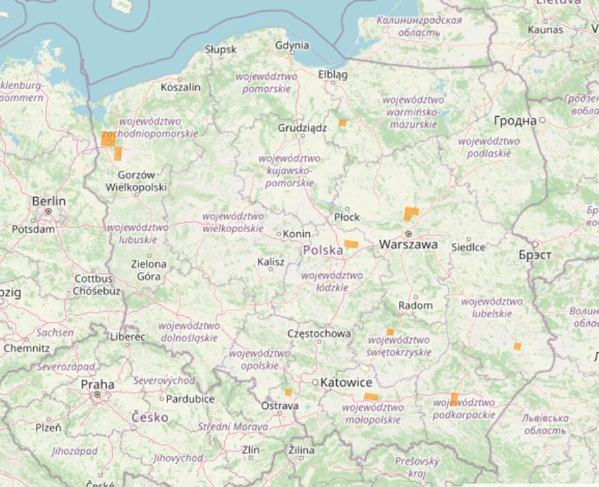 Mapa obecności piranii pirapitingi na terytorium Polski (za IOP Kraków)