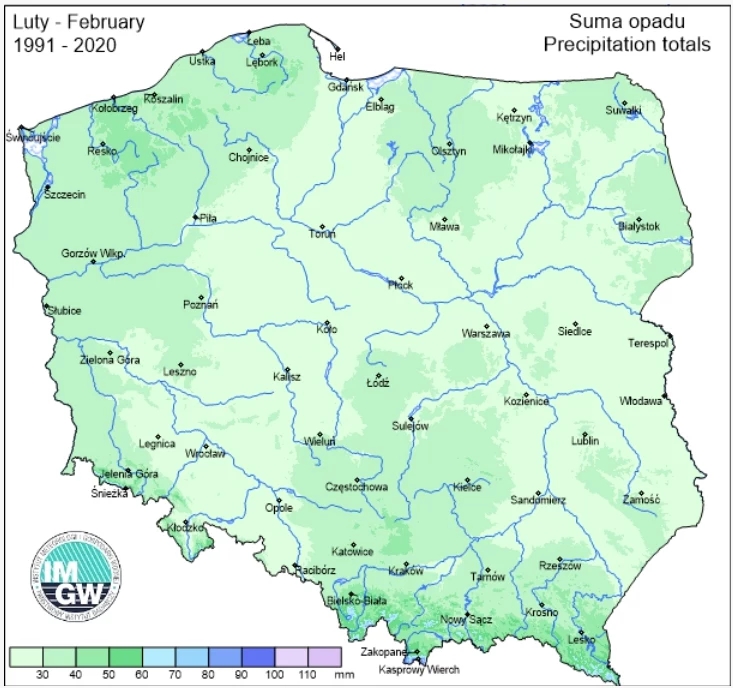 Suma opadów w lutym w latach 1991-2020